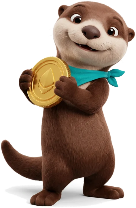 Lulu la loutre, debout, tient fièrement une pièce d'or